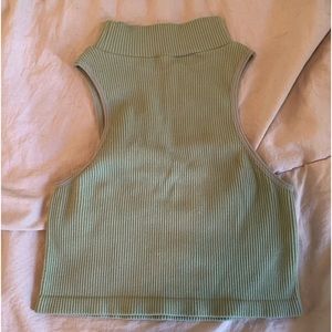 ribbed sage green turtleneck sleeveless shirt